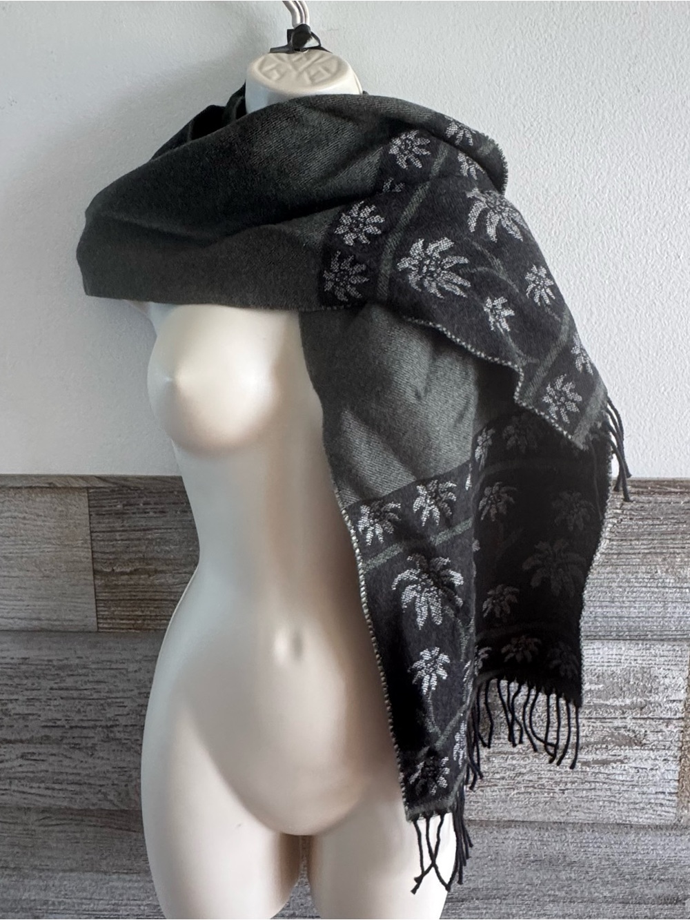 Vintage Austrian Wool Floral Scarf Loden-Plankl Wien Gray and black Fringe